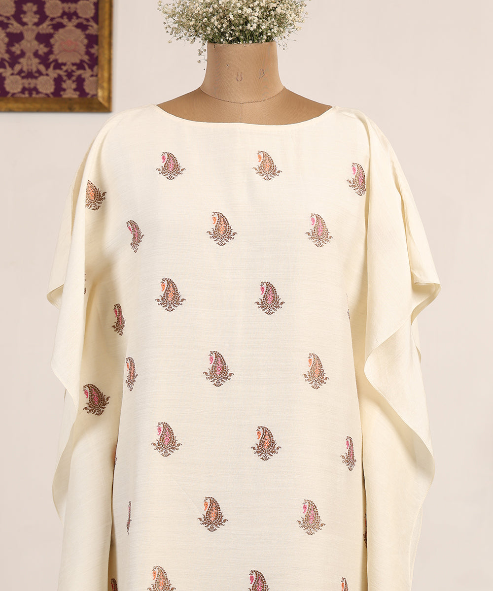 Off White Handloom Muga Silk Kaftan With Meenakari Motif