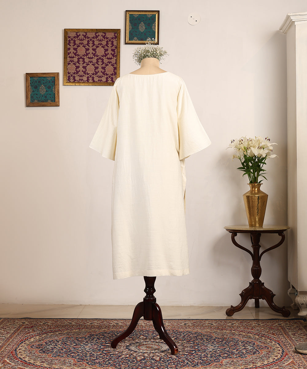 Off White Handloom Muga Silk Kaftan With Meenakari Motif