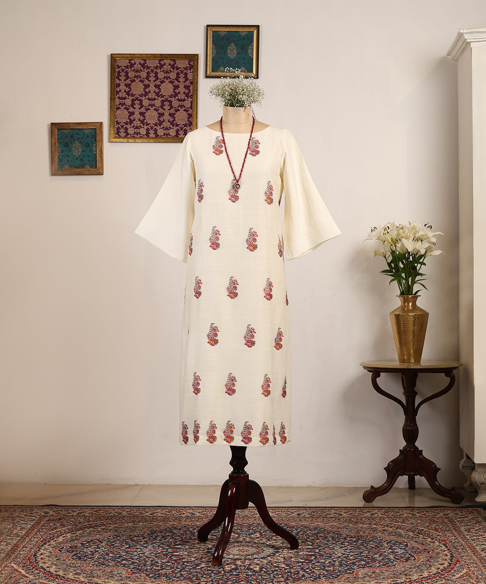 Off White Handloom Muga Silk Tunic Meenakari Motif Bell Sleeves