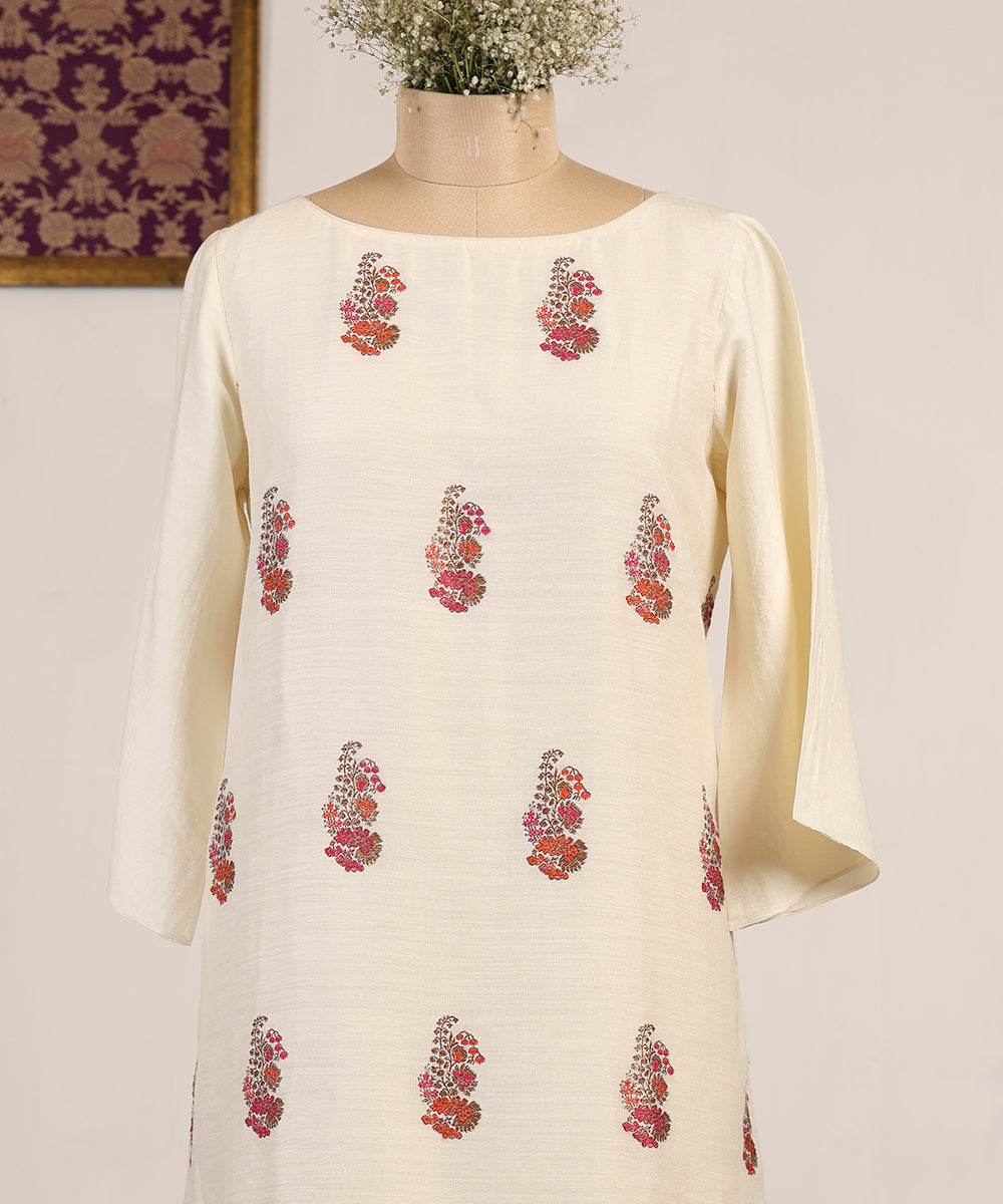Off White Handloom Muga Silk Tunic Meenakari Motif Bell Sleeves