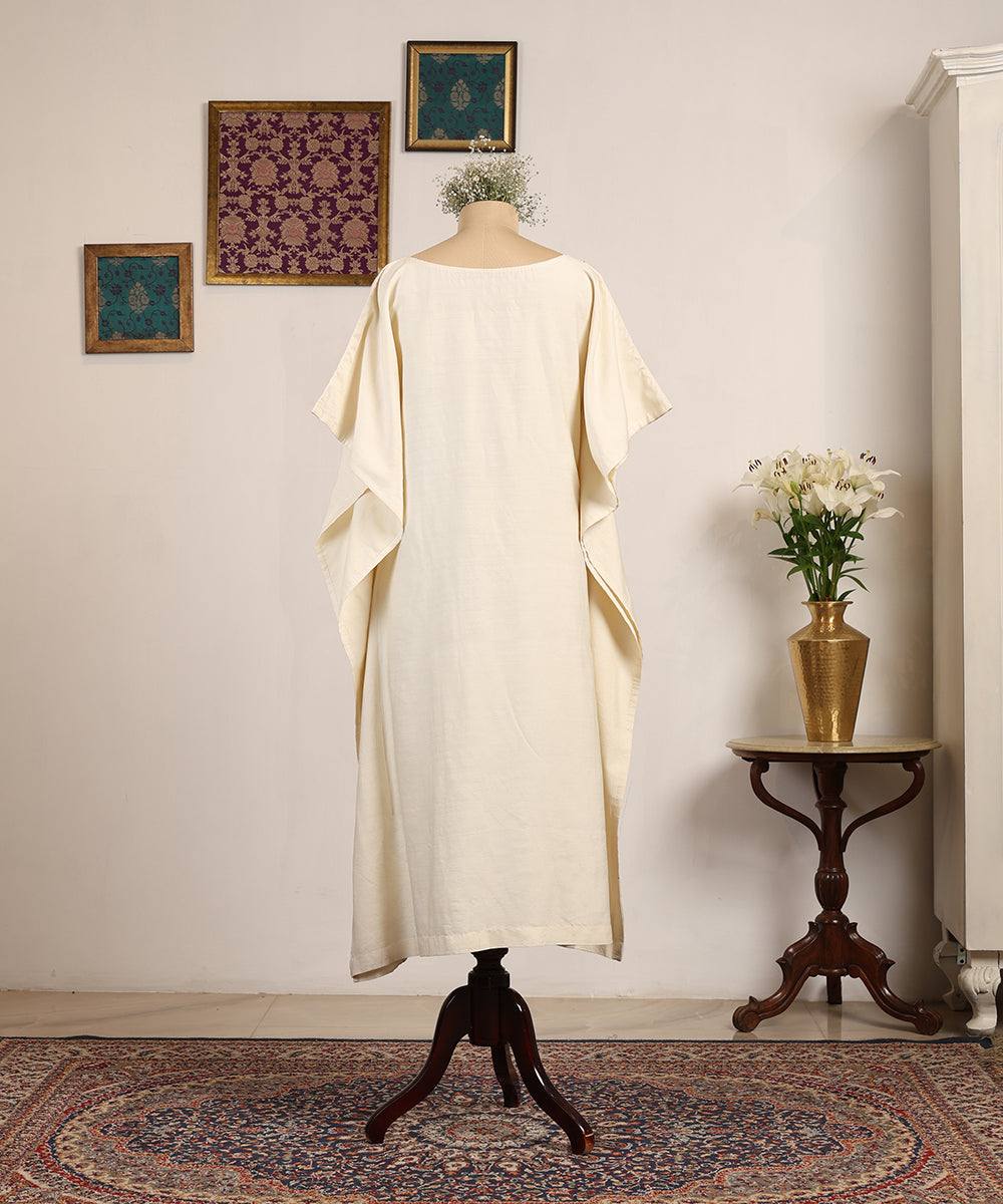 Off White Handloom Muga Silk Kaftan With Meenakari Ambi Booti