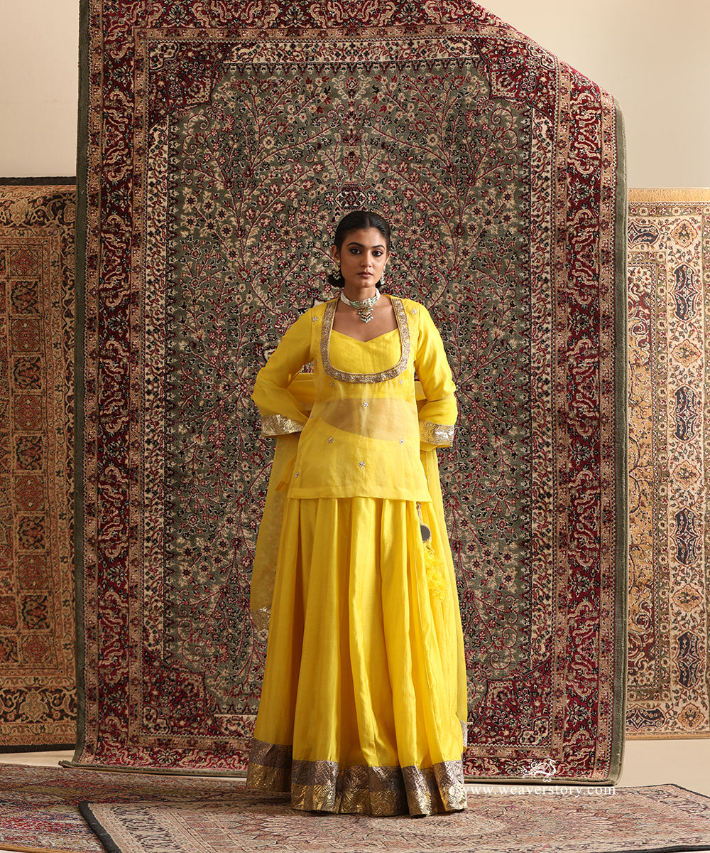 Yellow_Chanderi_Silk_Lehenga_Blouse_Organza_Hand_Embroiderd_Top_with_Organza_Dupatta_WeaverStory_03