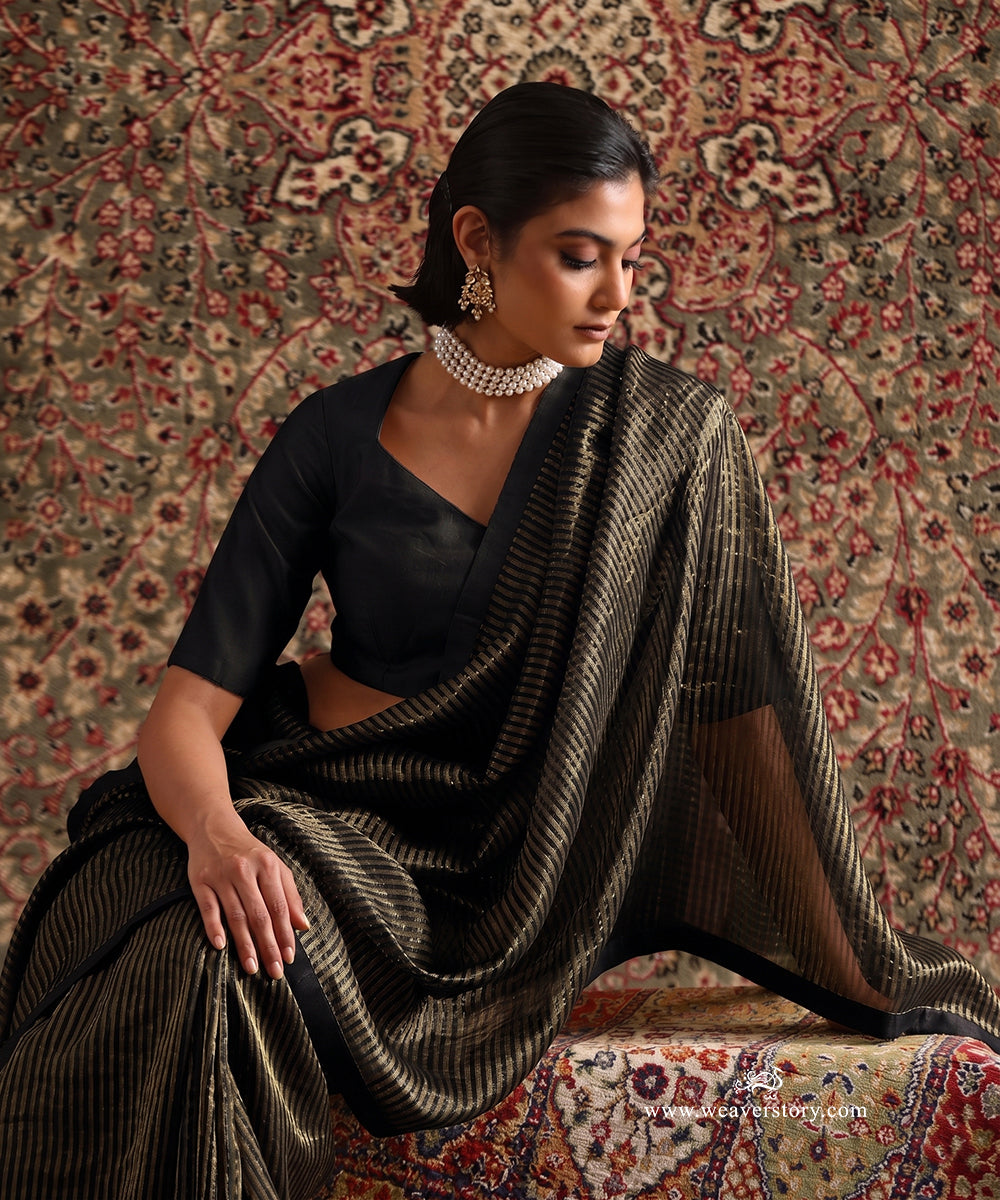 Solstice Black Striped Tissue Saree With Chanderi Finishing