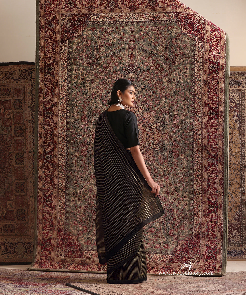 Solstice Black Striped Tissue Saree With Chanderi Finishing