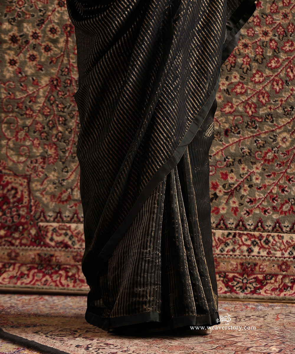 Solstice Black Striped Tissue Saree With Chanderi Finishing
