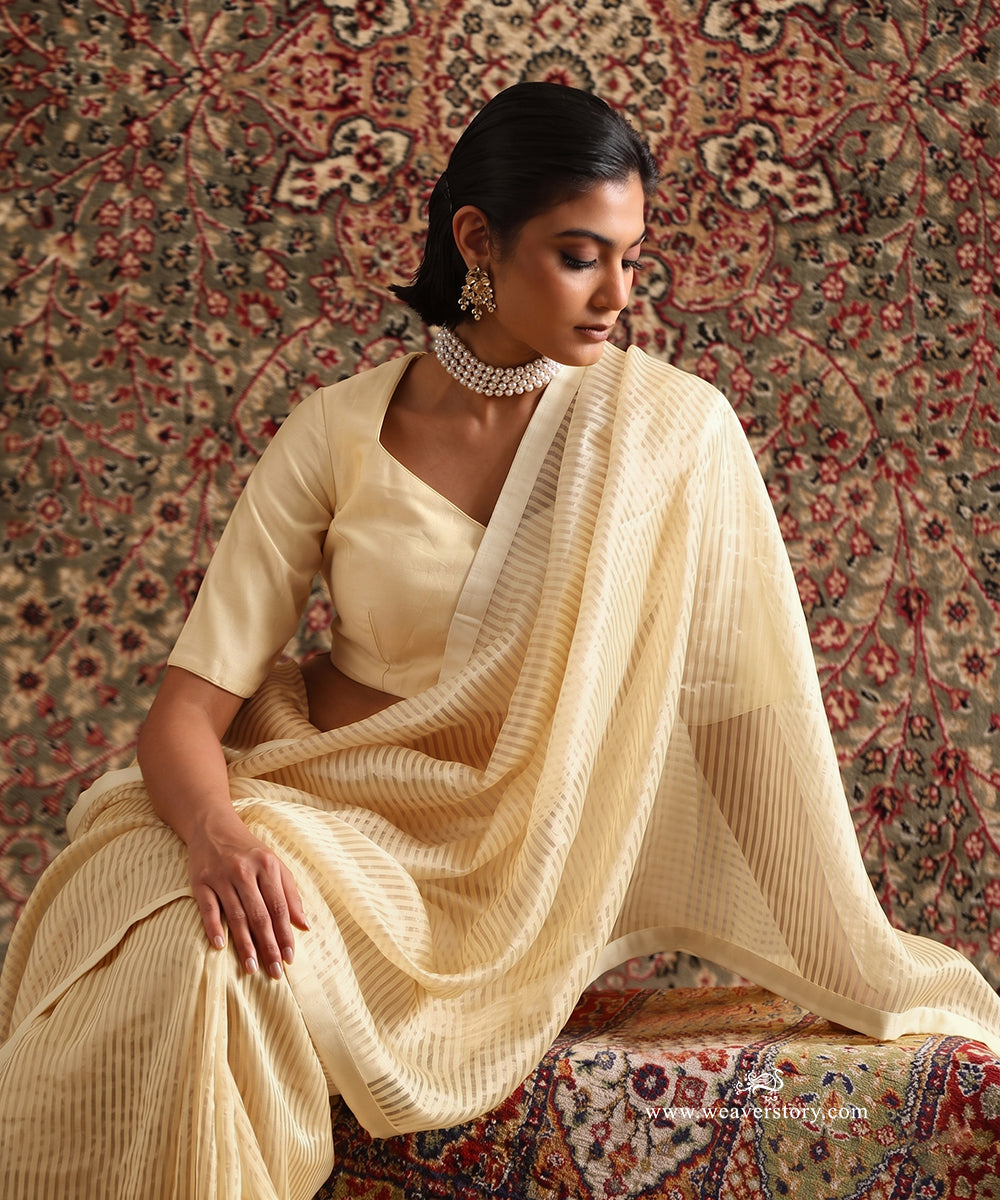 Solstice OffWhite Striped Tissue Saree With Chanderi Finishing