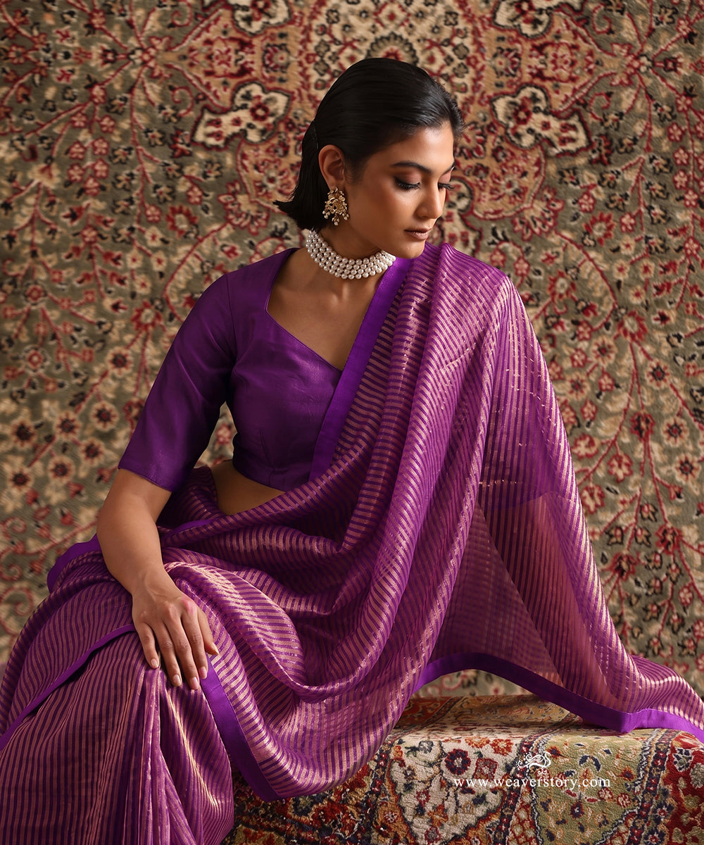 Solstice Purple Striped Tissue Saree With Chanderi Finishing