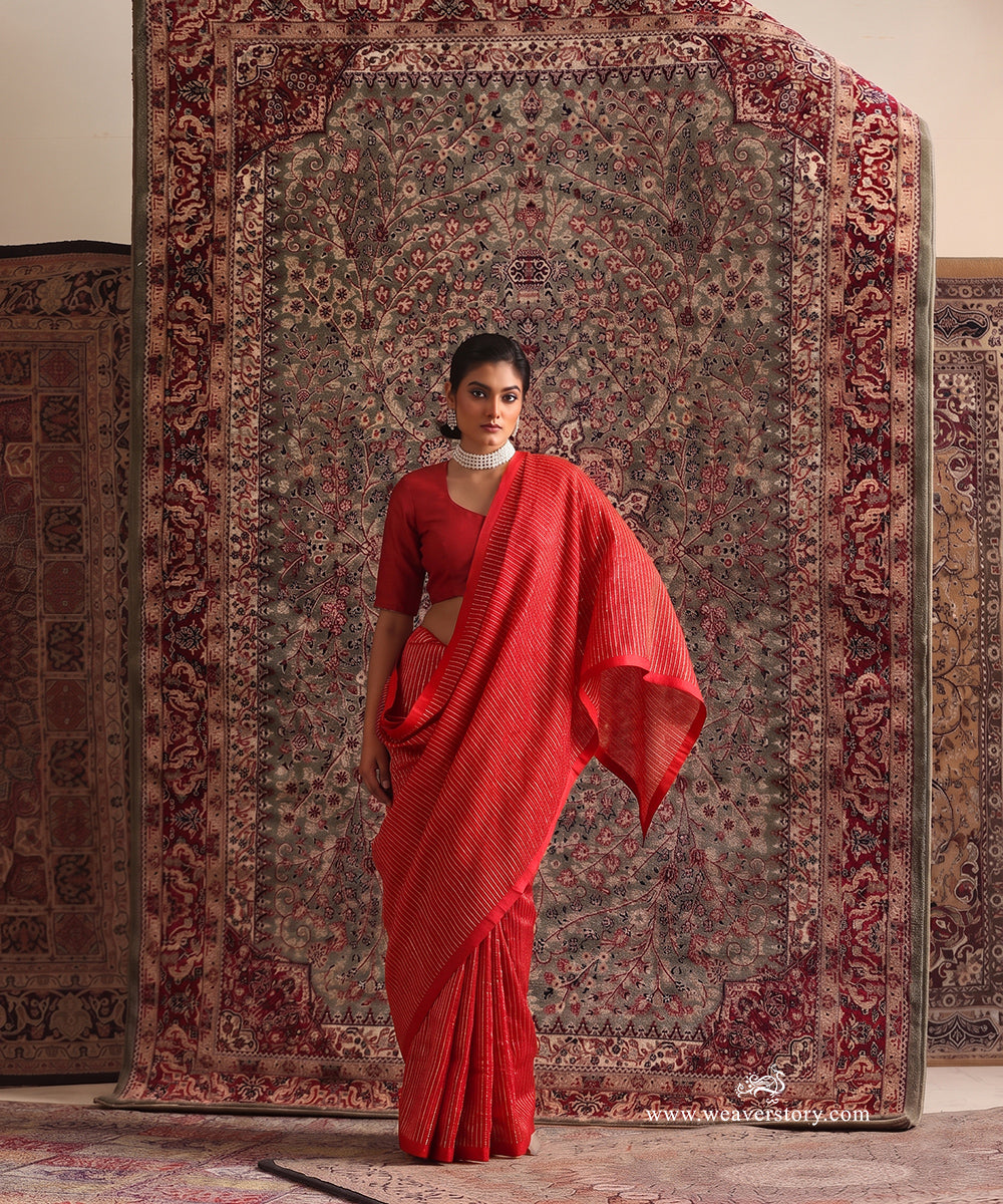 Solstice Red Striped Tissue Saree With Chanderi Finishing