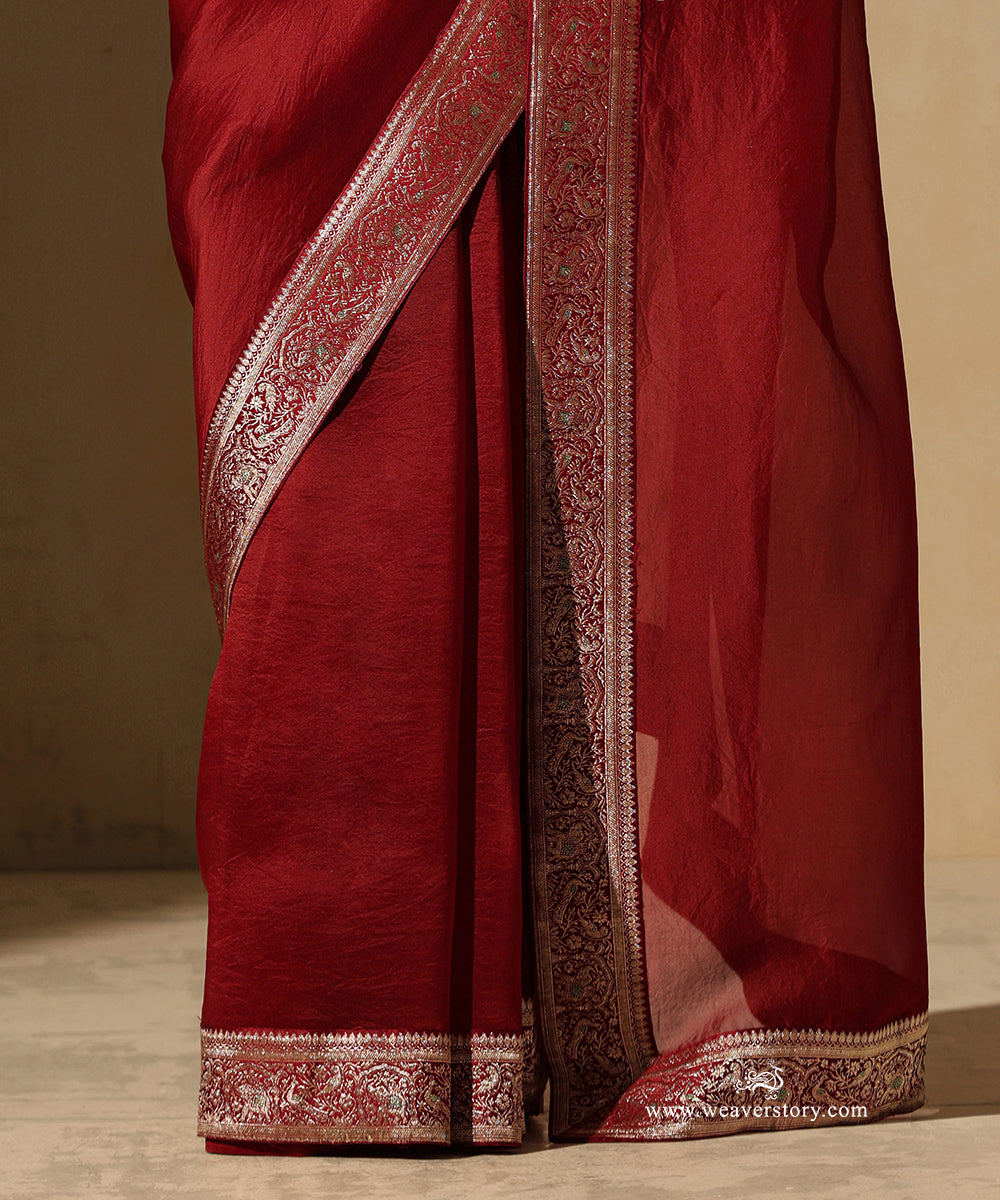 Maroon_Handloom_Organza_Saree_With_Shikargah_Border_WeaverStory_04