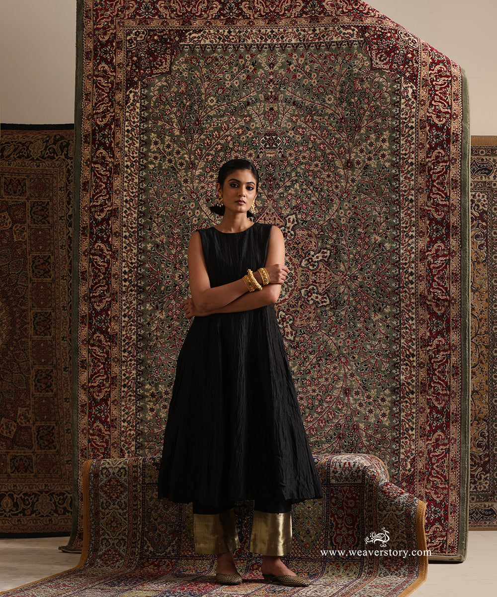 Black pure Chanderi silk wrinkled Anarkali with cotton silk pants finished with a rich gold brocade border