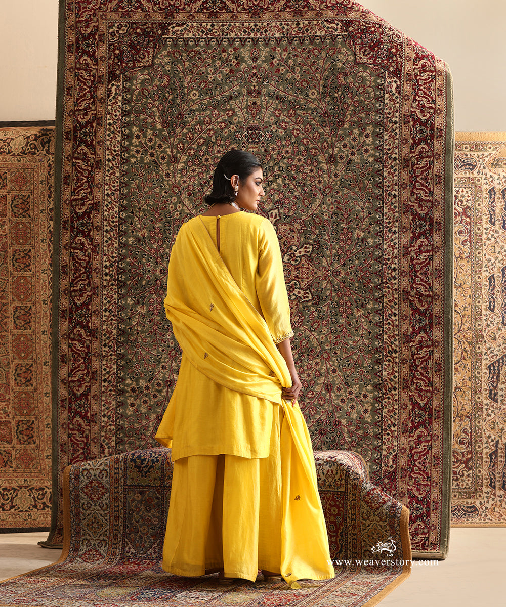 Back View of Yellow Pure Chanderi Silk Kurta and Sharara Set with Hand Embroidered Dupatta