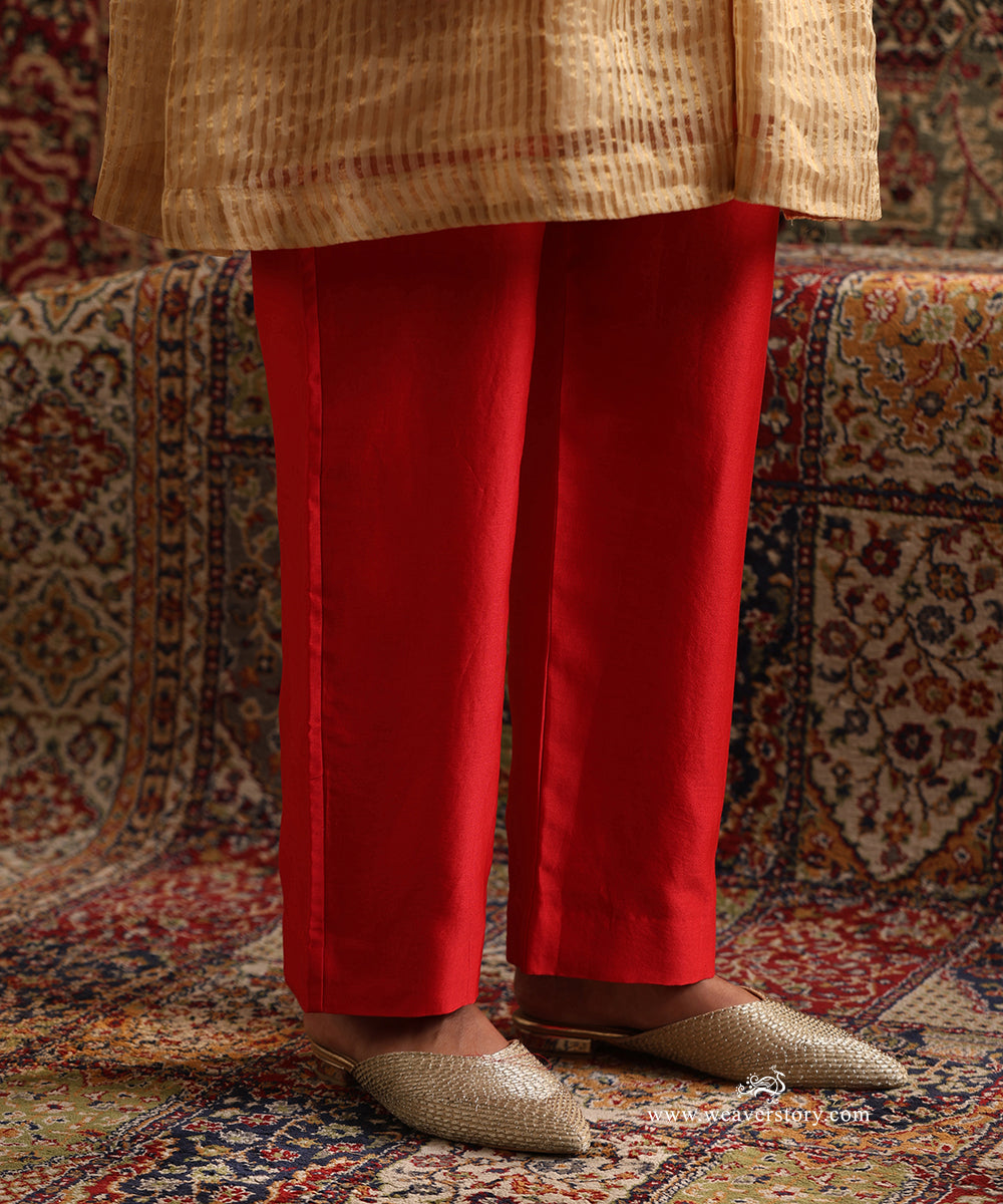 Red Chanderi Silk Pants Paired With Beige Stripe Tissue Gathered Kurta
