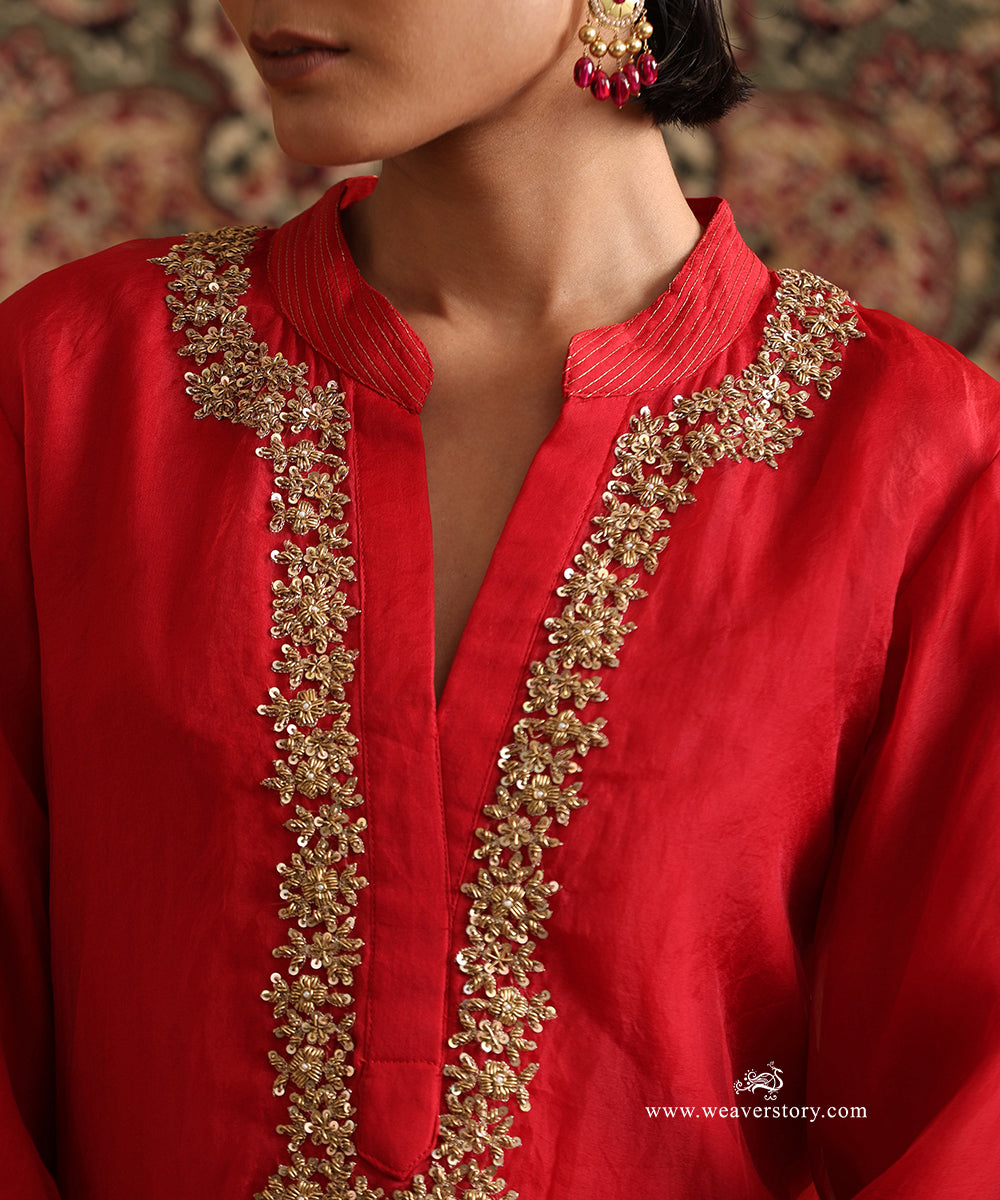 Red Organza Kurta Neck Embroidery With Badami Organza Garara