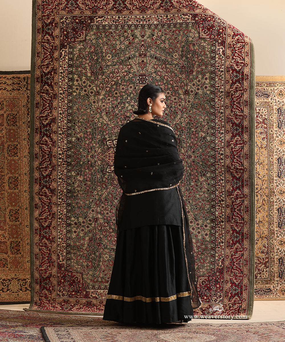 Black_Pure_Chanderi_Silk_Kurta_with_Front_Dabka_Embroidery_Chanderi_silk_Gether_Skirt_With_Dupatta_WeaverStory_06