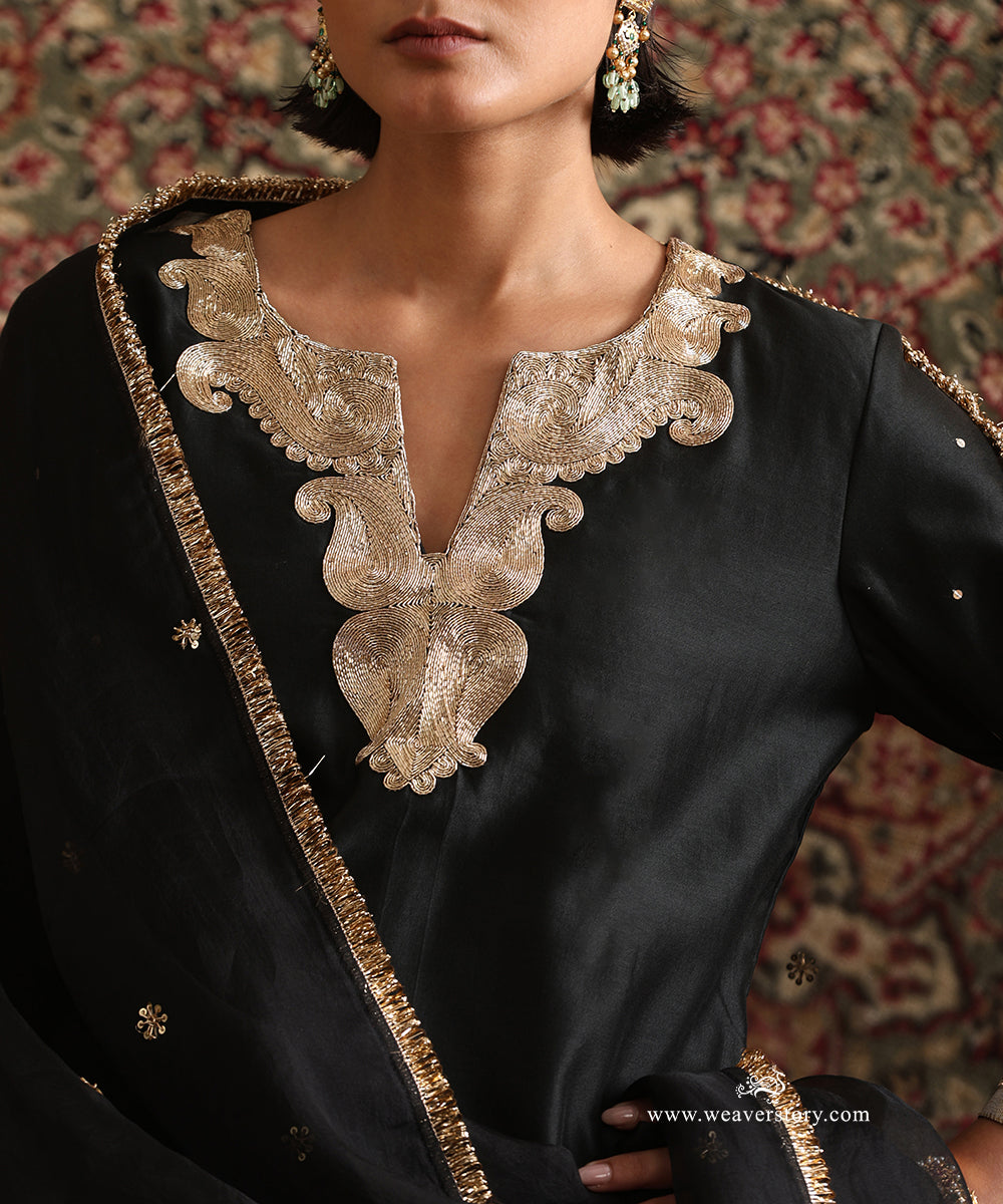 Black festive Chanderi silk kurta set showcasing Kashmiri-inspired hand zardozi embroidery and organza dupatta by WeaverStory