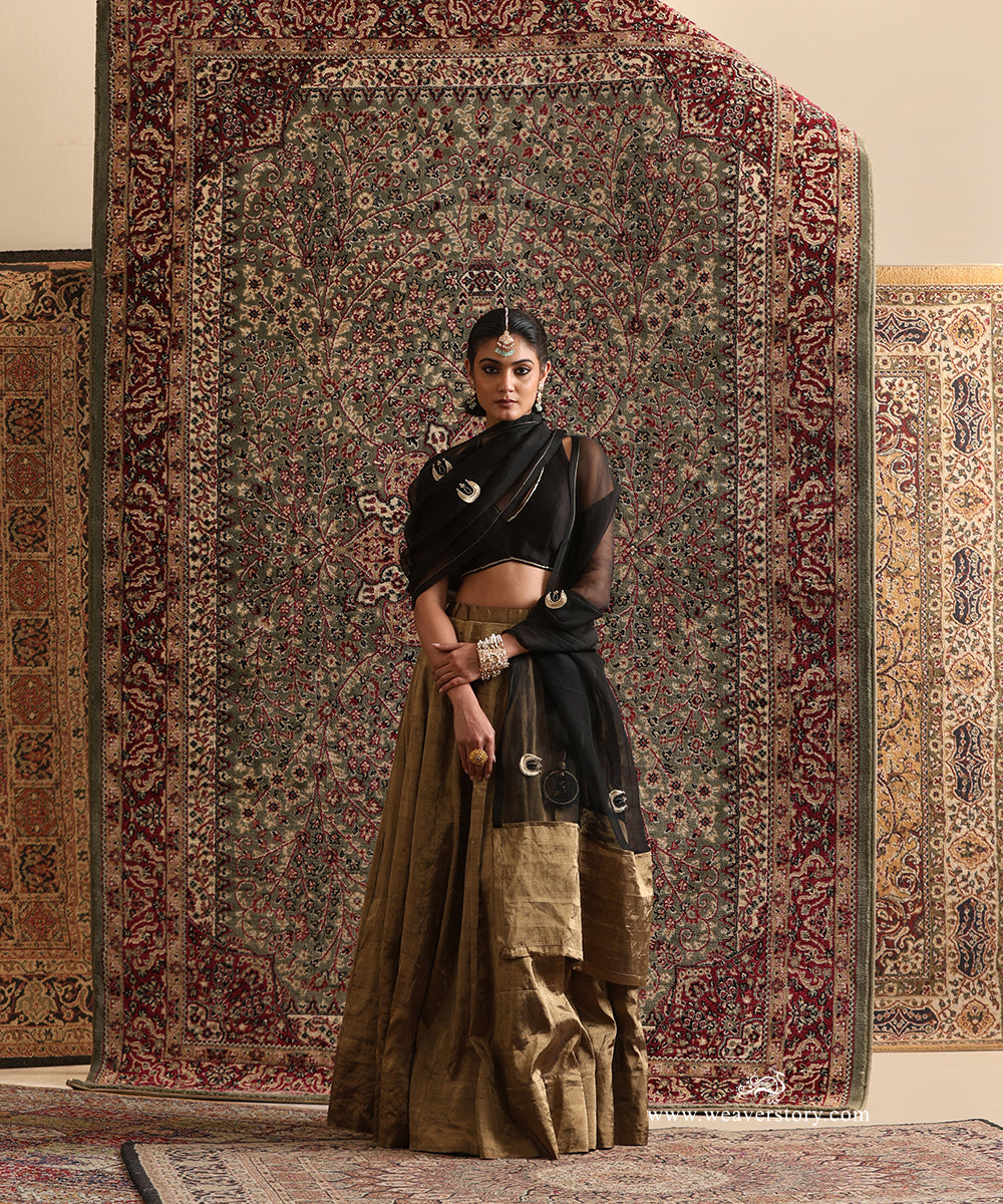 Hand embroidered chand boota motifs on black organza dupatta with tissue palla