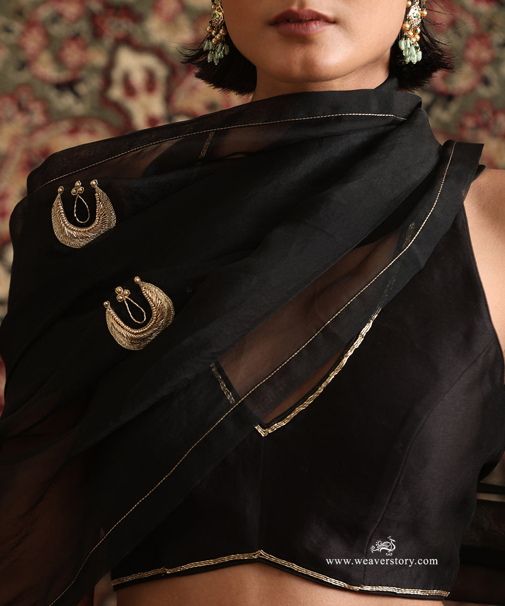 Black Chanderi silk blouse and antique gold tissue lehenga with chand boota organza dupatta