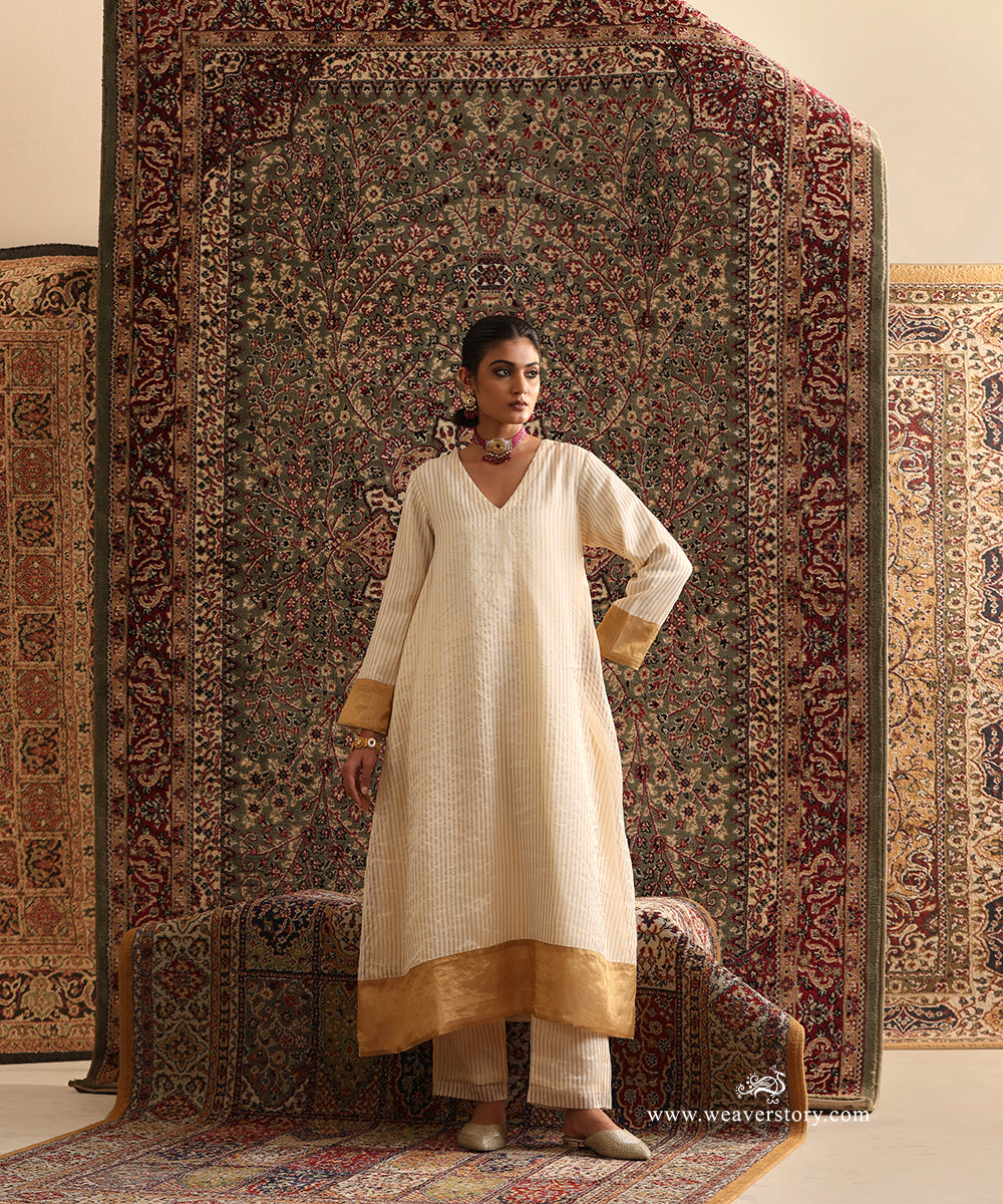 Off White Striped Tissue Suit Set With Gold Tissue Border from Antara&