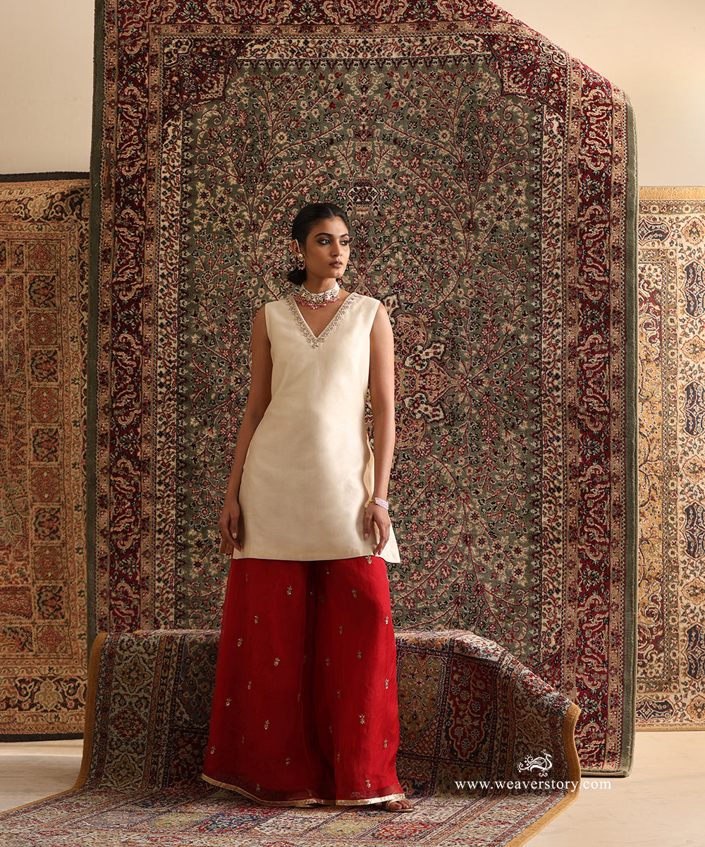 Almond Chanderi Silk Kurta and Red Organza Sharara Set with Hand Embroidery
