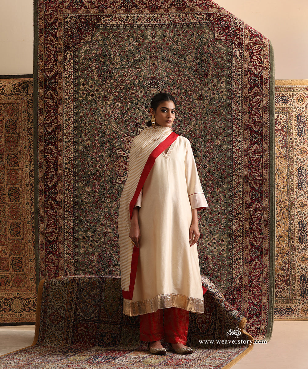 Off White Chanderi Silk Kurta Set with Red Border Striped Tissue Dupatta from Antara&