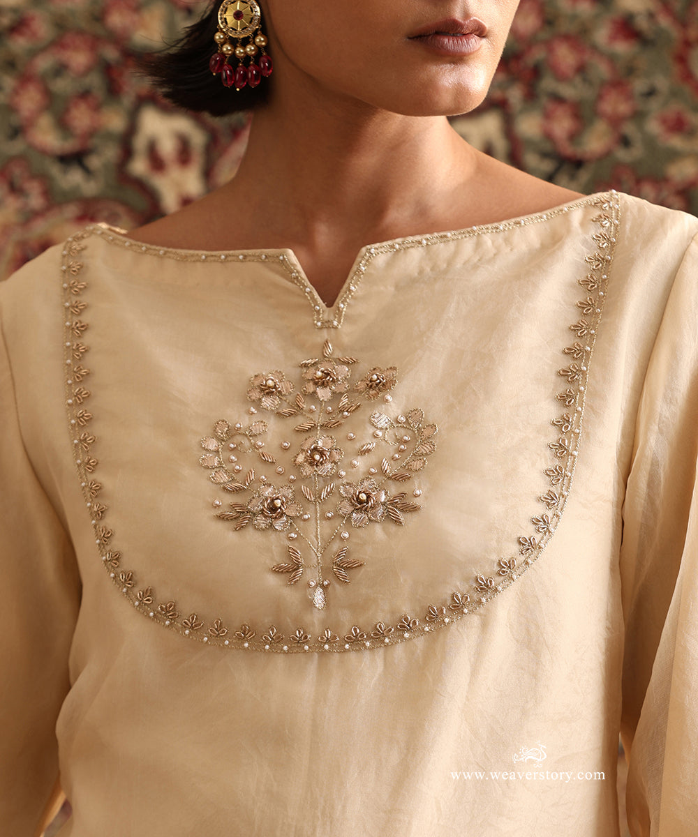 Almond Beige Organza Silk kurta with floral hand embroidery and detailed curved yoke neckline