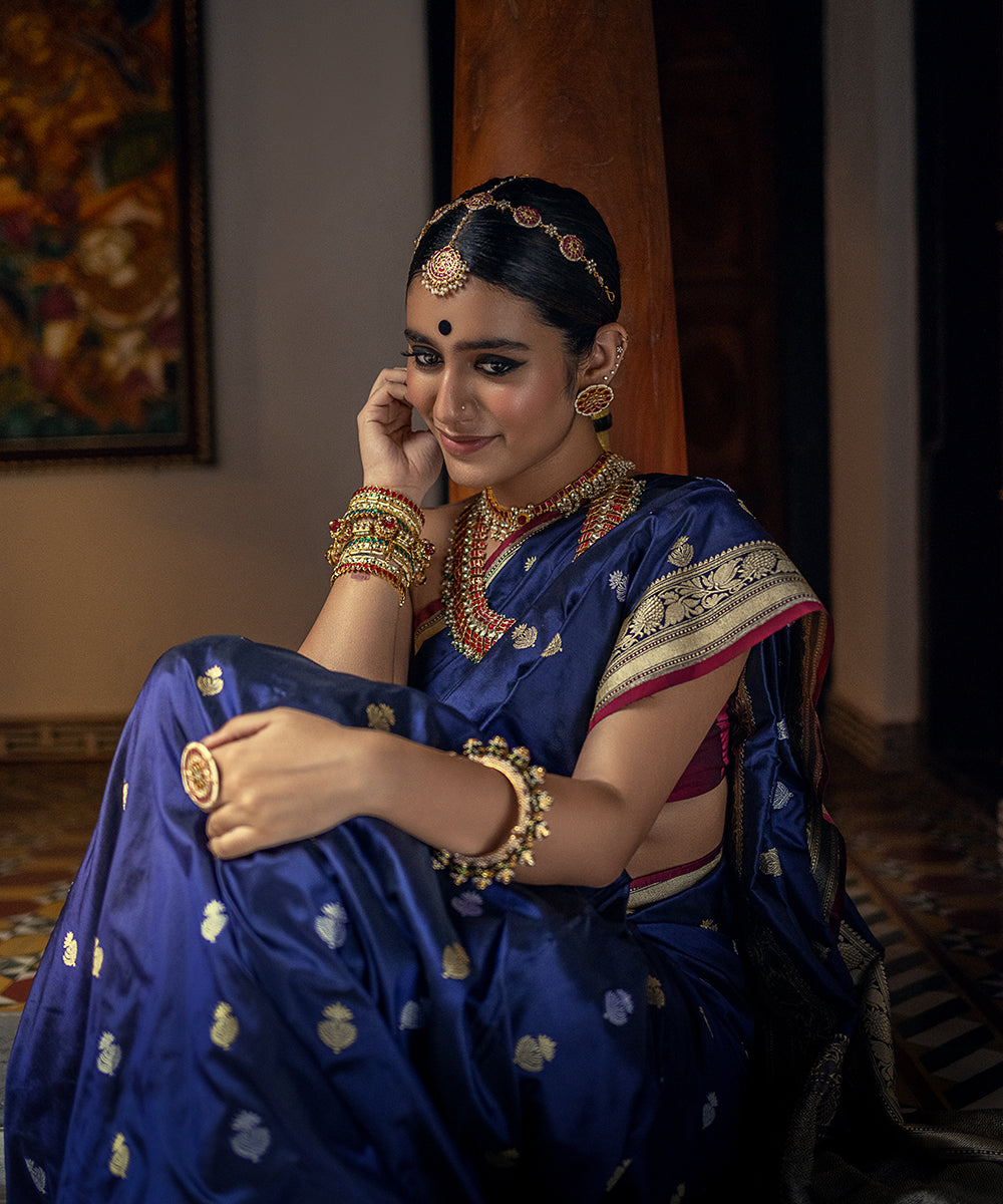 Priya Prakash Varrier In Handloom Blue And Black Pure Katan Silk Banarasi Saree