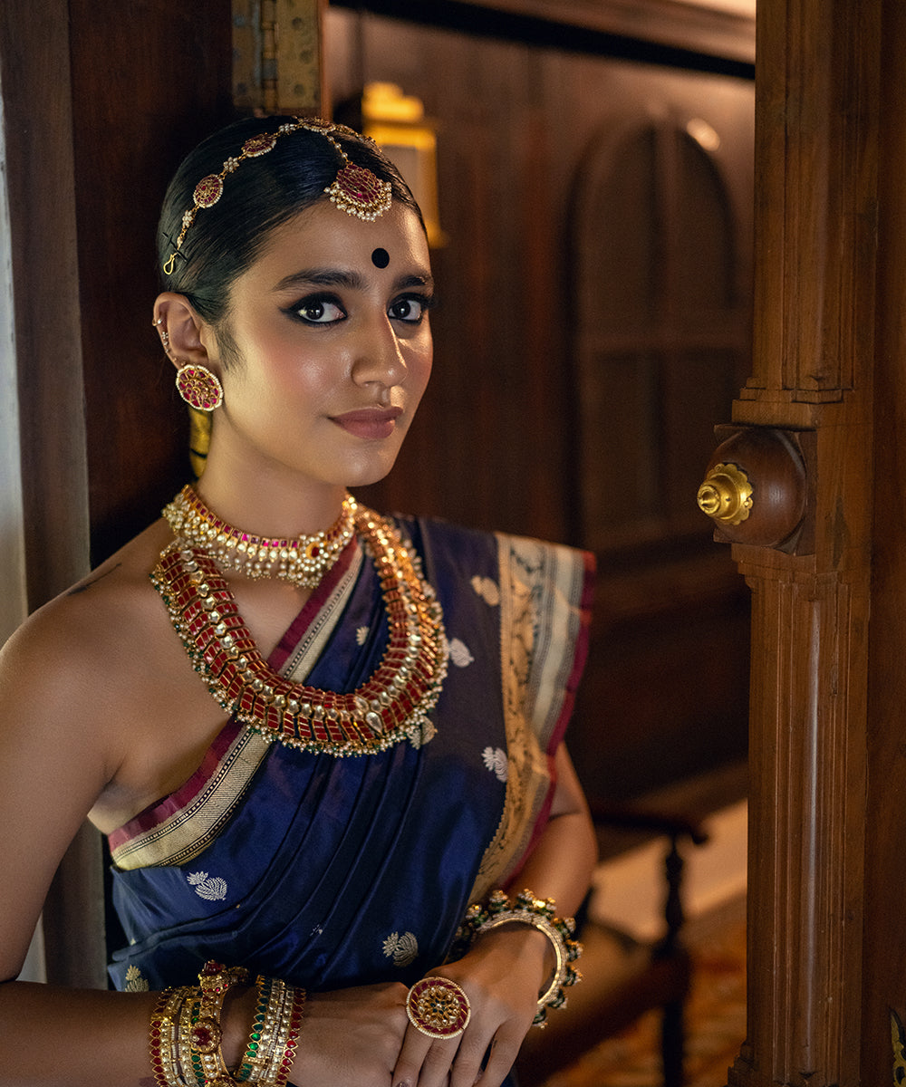 Priya Prakash Varrier In Handloom Blue And Black Pure Katan Silk Banarasi Saree