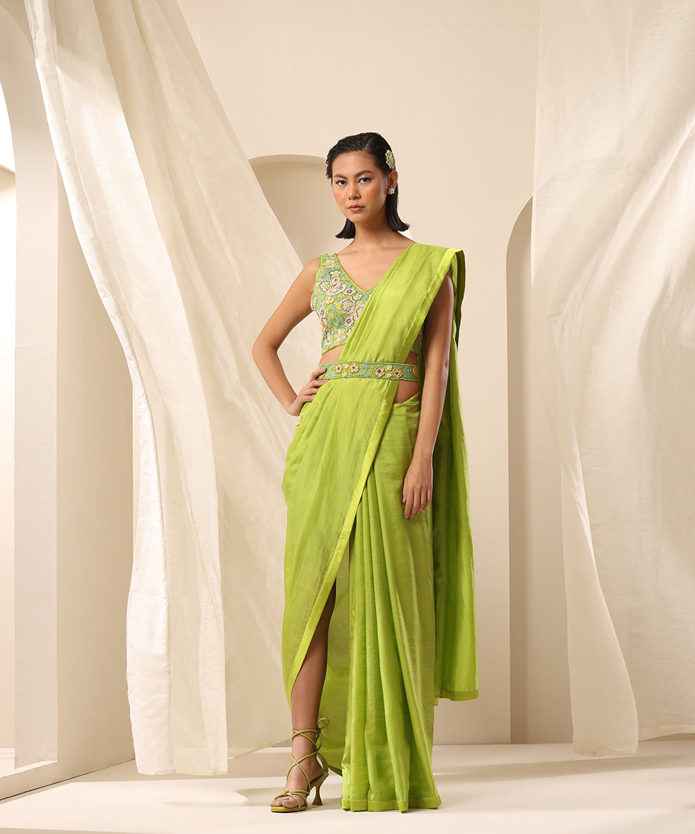 Lime Green Pure Silk Saree With Satin Finishing Pre-Stitched