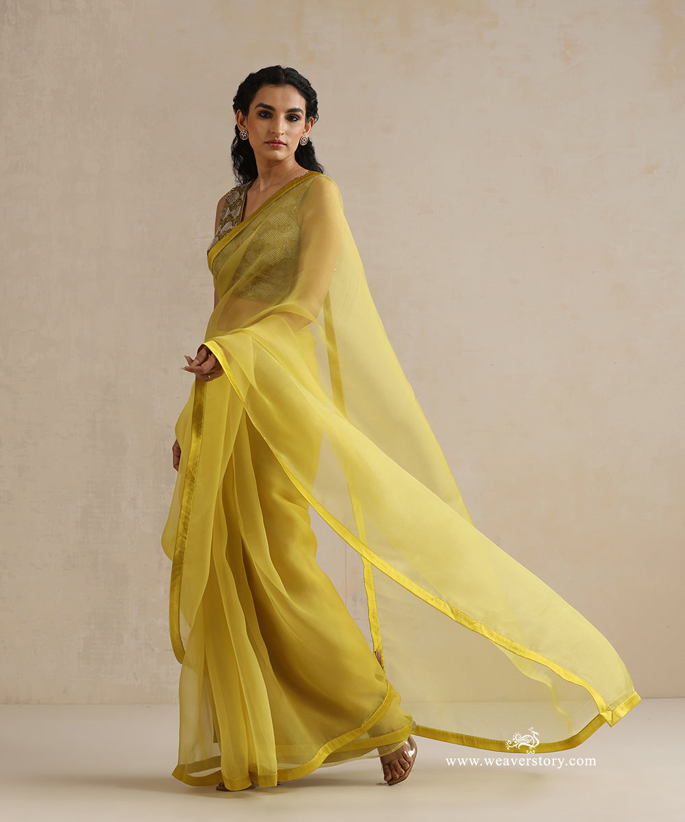 Yellow_Pure_Organza_Saree_With_Satin_Finishing_WeaverStory_01