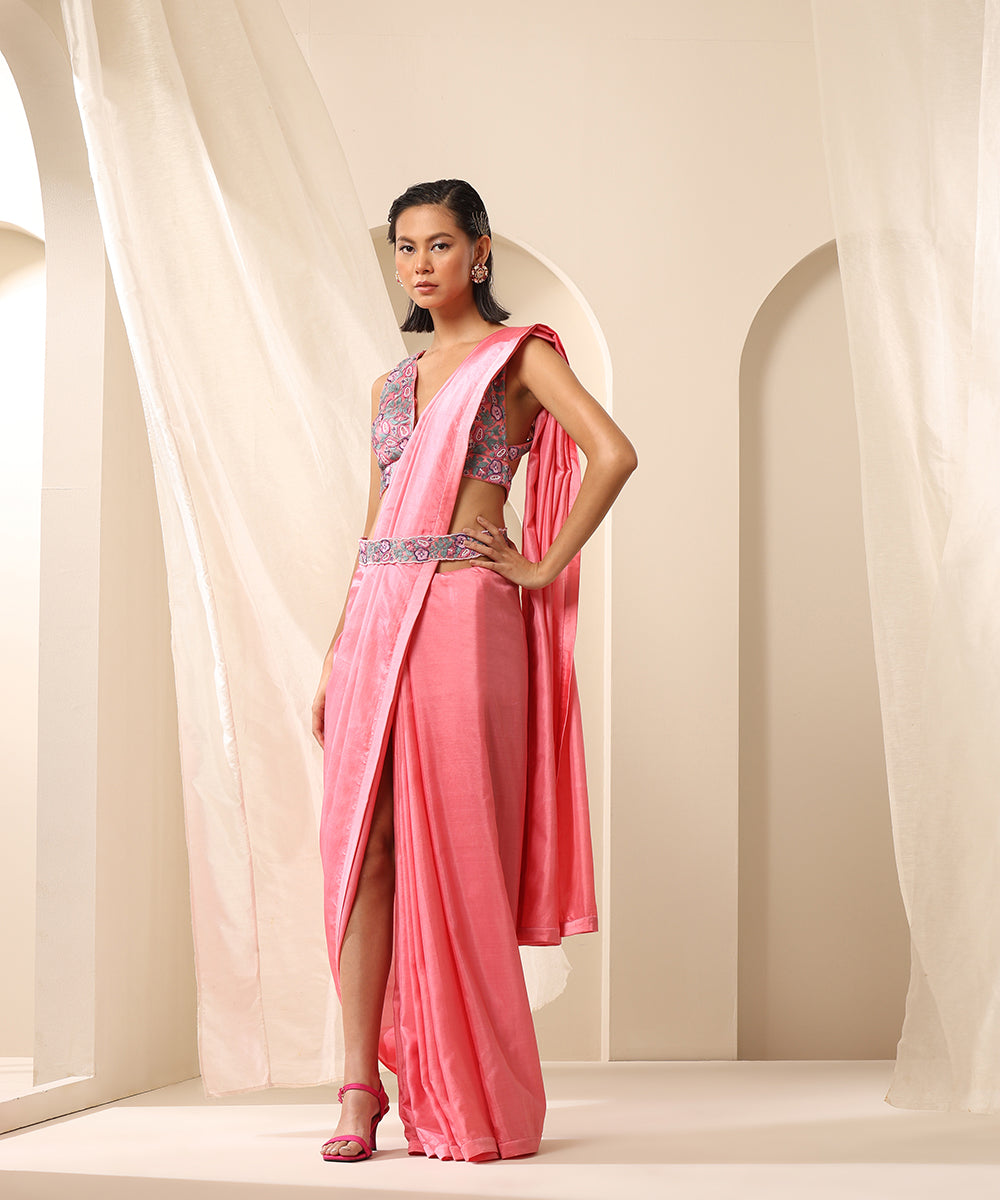 Pink Pure Silk Saree With Satin Finishing Pre-Stitched