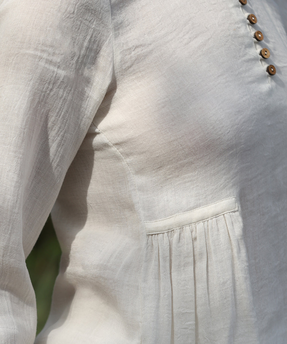 White Pure Cotton Double Gauze Top With Gathers Ready To Wear Silk Ensembles