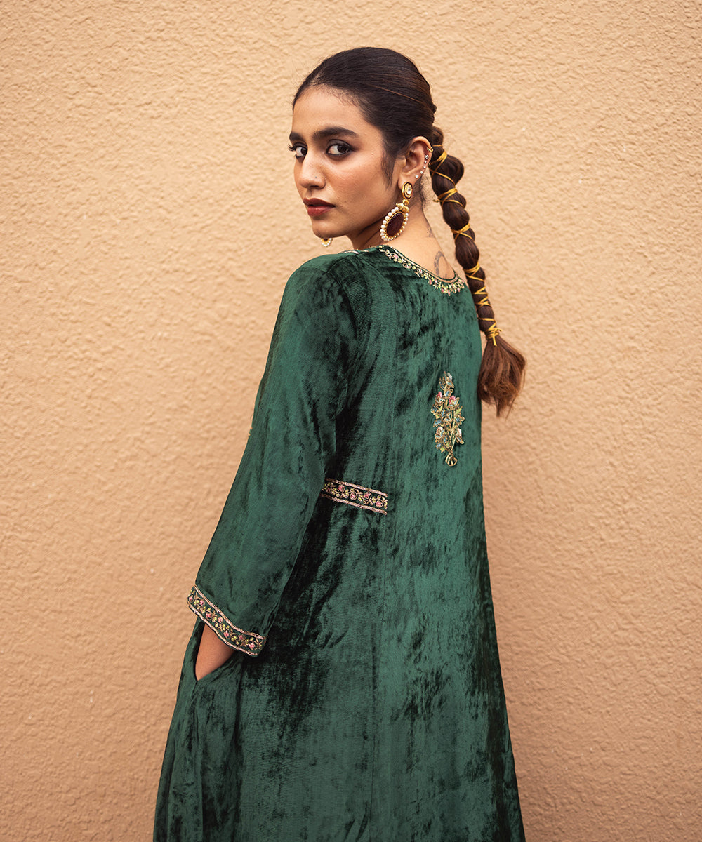 Priya Prakash Varrier In Hand Embroidered Dark Green Velvet Kurta Set Ready To Wear Silk Ensembles