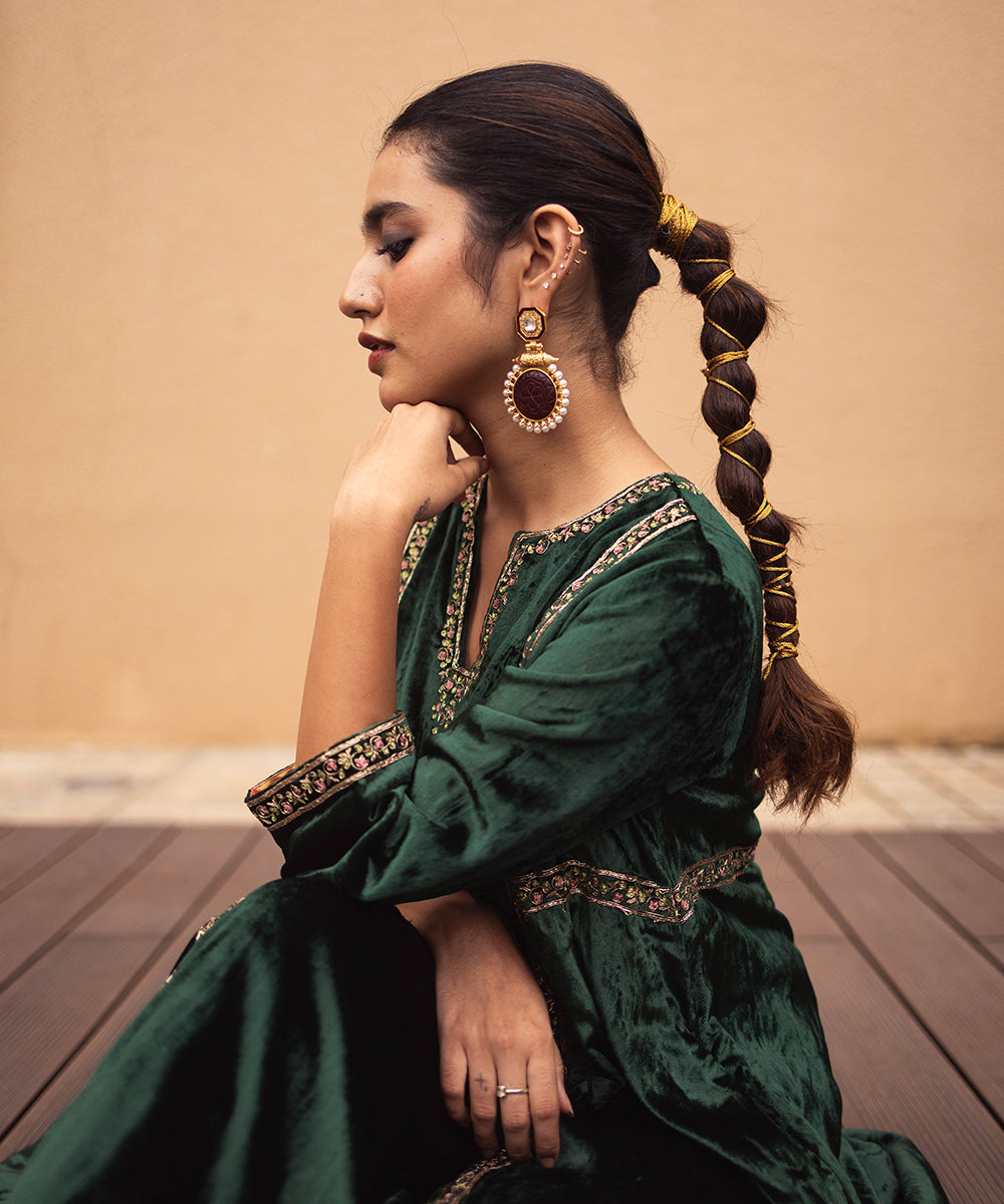 Priya Prakash Varrier In Hand Embroidered Dark Green Velvet Kurta Set Ready To Wear Silk Ensembles