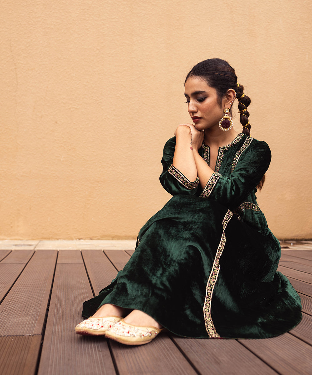 Priya Prakash Varrier In Hand Embroidered Dark Green Velvet Kurta Set Ready To Wear Silk Ensembles