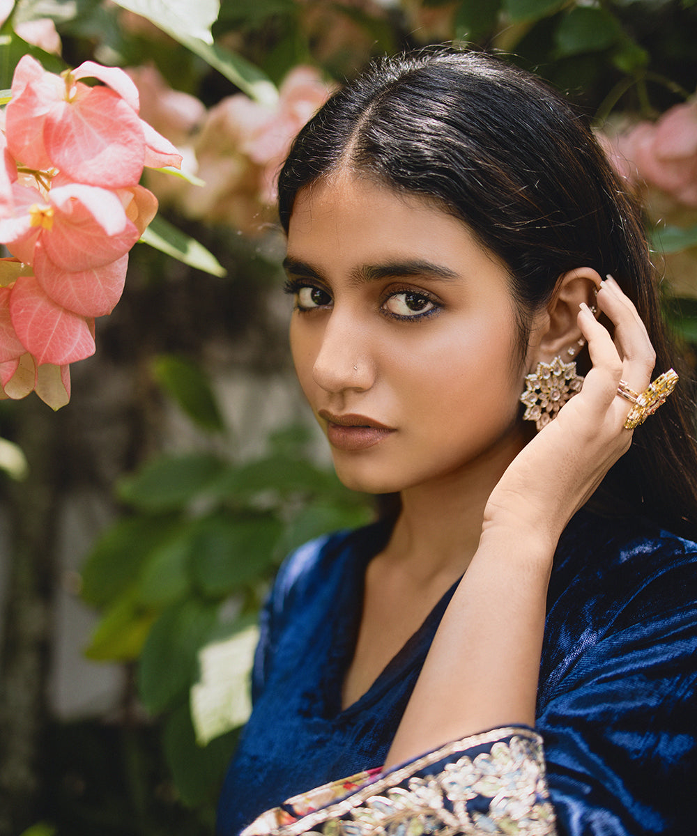Priya Prakash Varrier In Navy Blue Embroidered Velvet Kurta Set Ready To Wear Silk Ensembles