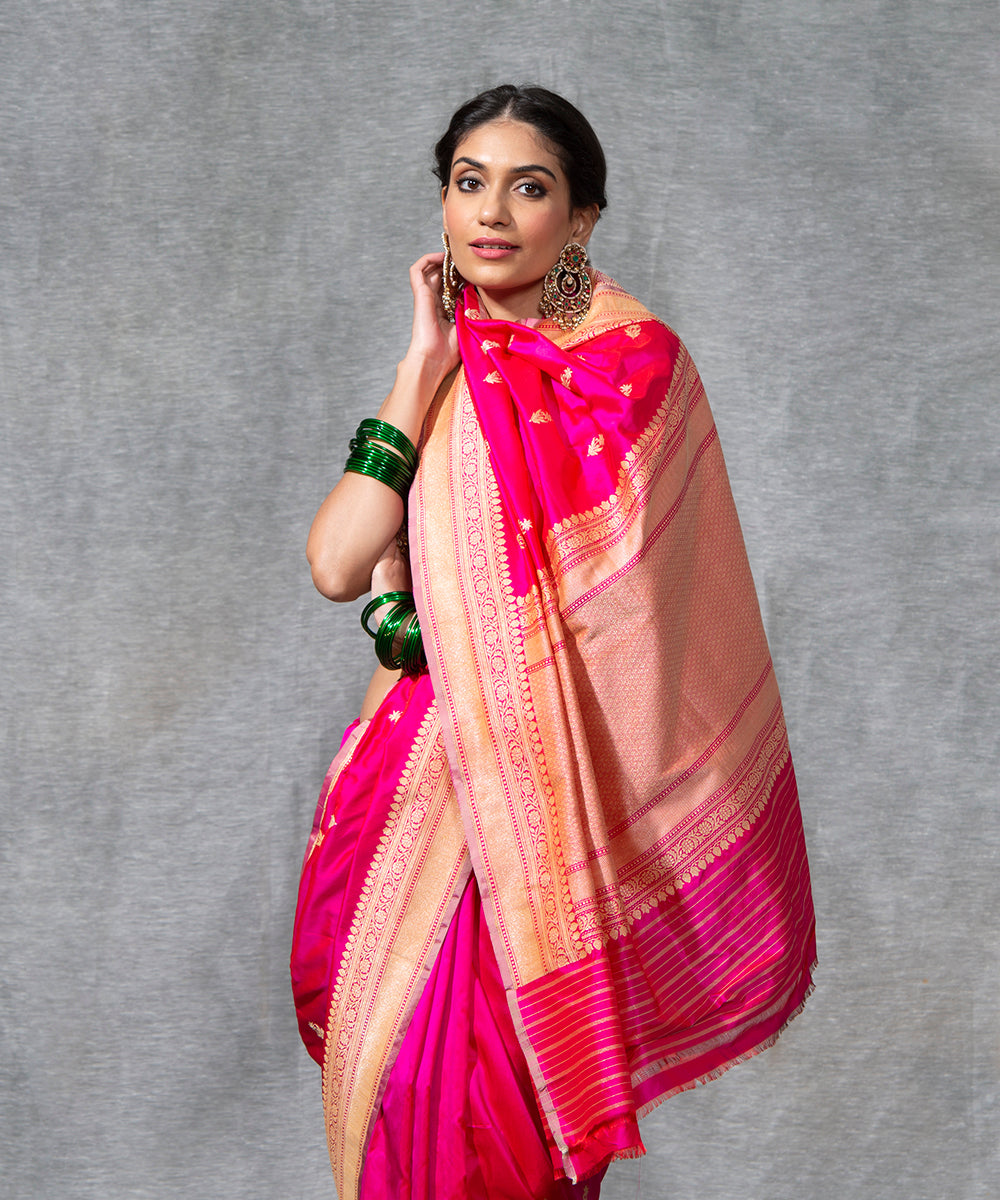 Pink Handloom Pure Katan Silk Banarasi Saree With Kadhwa Booti And Beige Selvedge