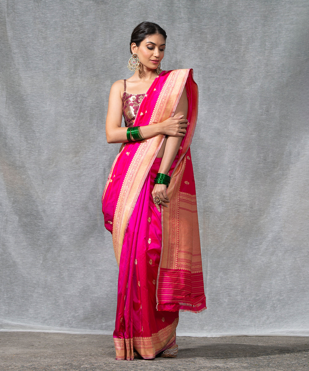 Pink Handloom Pure Katan Silk Banarasi Saree With Kadhwa Booti And Beige Selvedge