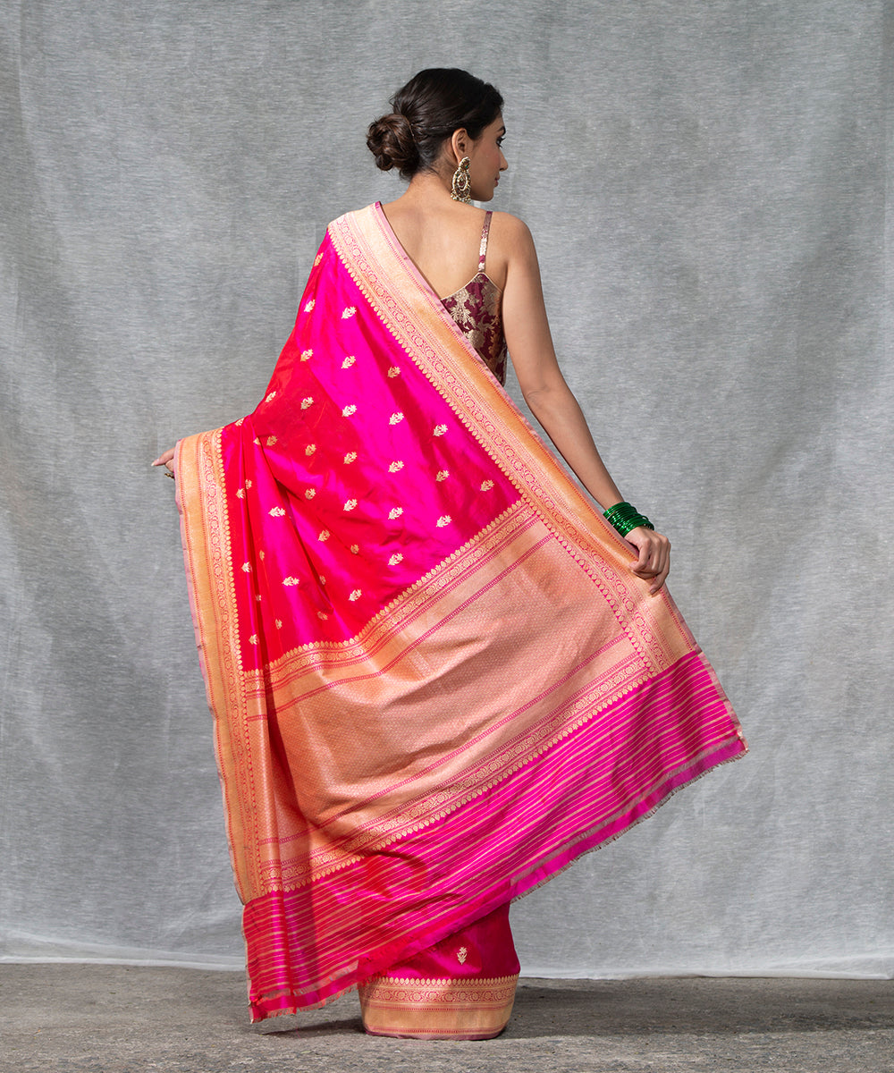 Pink Handloom Pure Katan Silk Banarasi Saree With Kadhwa Booti And Beige Selvedge