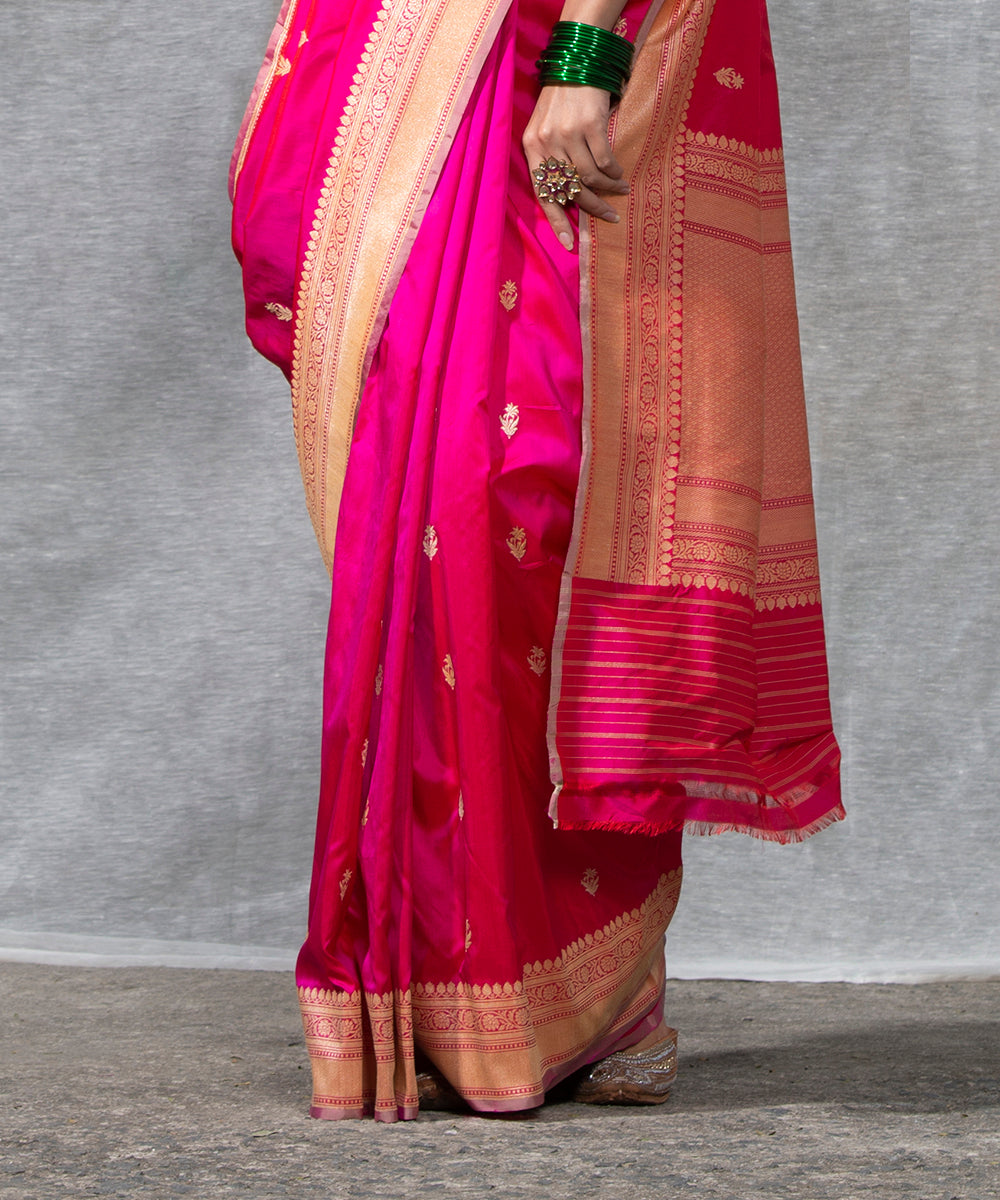 Pink Handloom Pure Katan Silk Banarasi Saree With Kadhwa Booti And Beige Selvedge