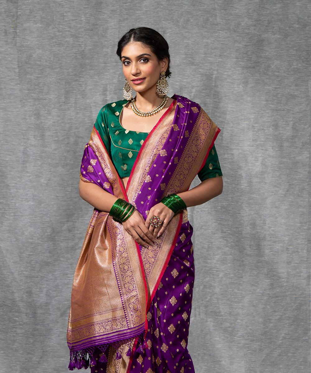 Purple Handloom Cutwork Katan Silk Banarasi Saree With Red Selvedge And Booti