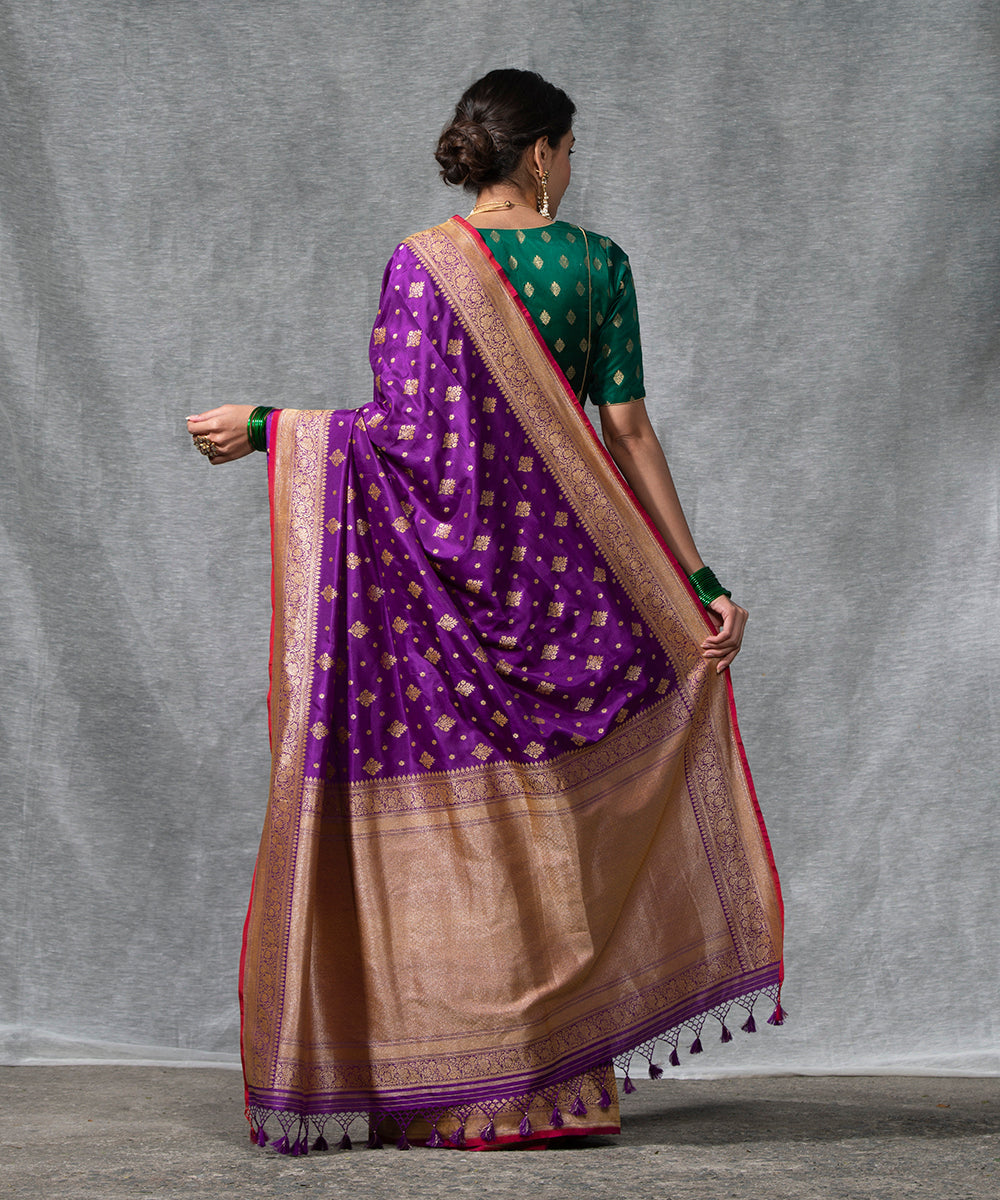 Purple Handloom Cutwork Katan Silk Banarasi Saree With Red Selvedge And Booti
