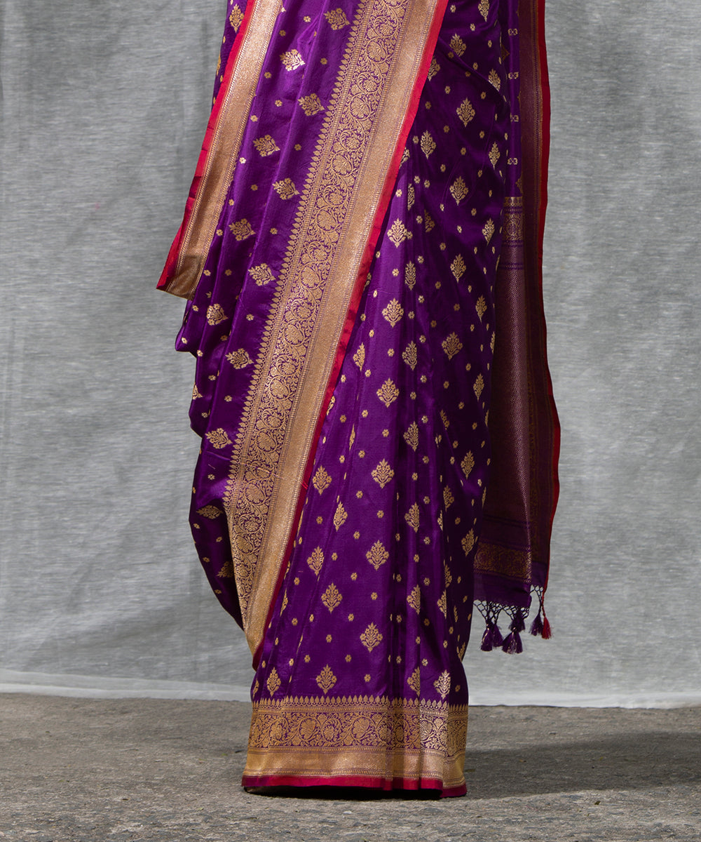 Purple Handloom Cutwork Katan Silk Banarasi Saree With Red Selvedge And Booti