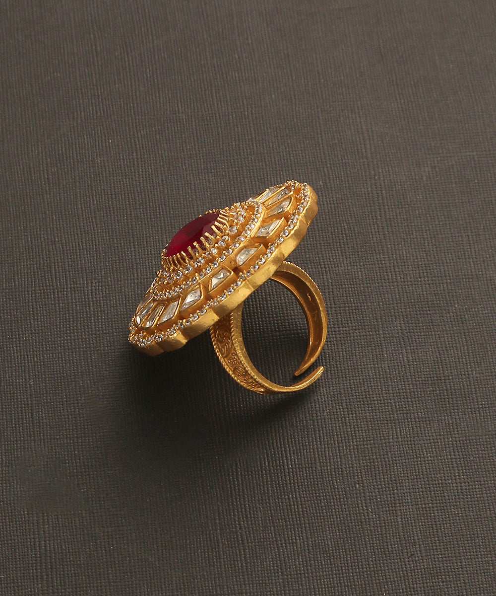 Yazrin_Handcrafted_Floral_Ring_With_Moissanite_Polki_And_Red_Semi_Precious_Stone_WeaverStory_03