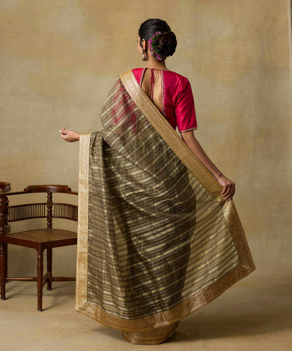 Olive_Green_Handloom_Stiped_Organza_Saree_With_Sanjab_Border_WeaverStory_03