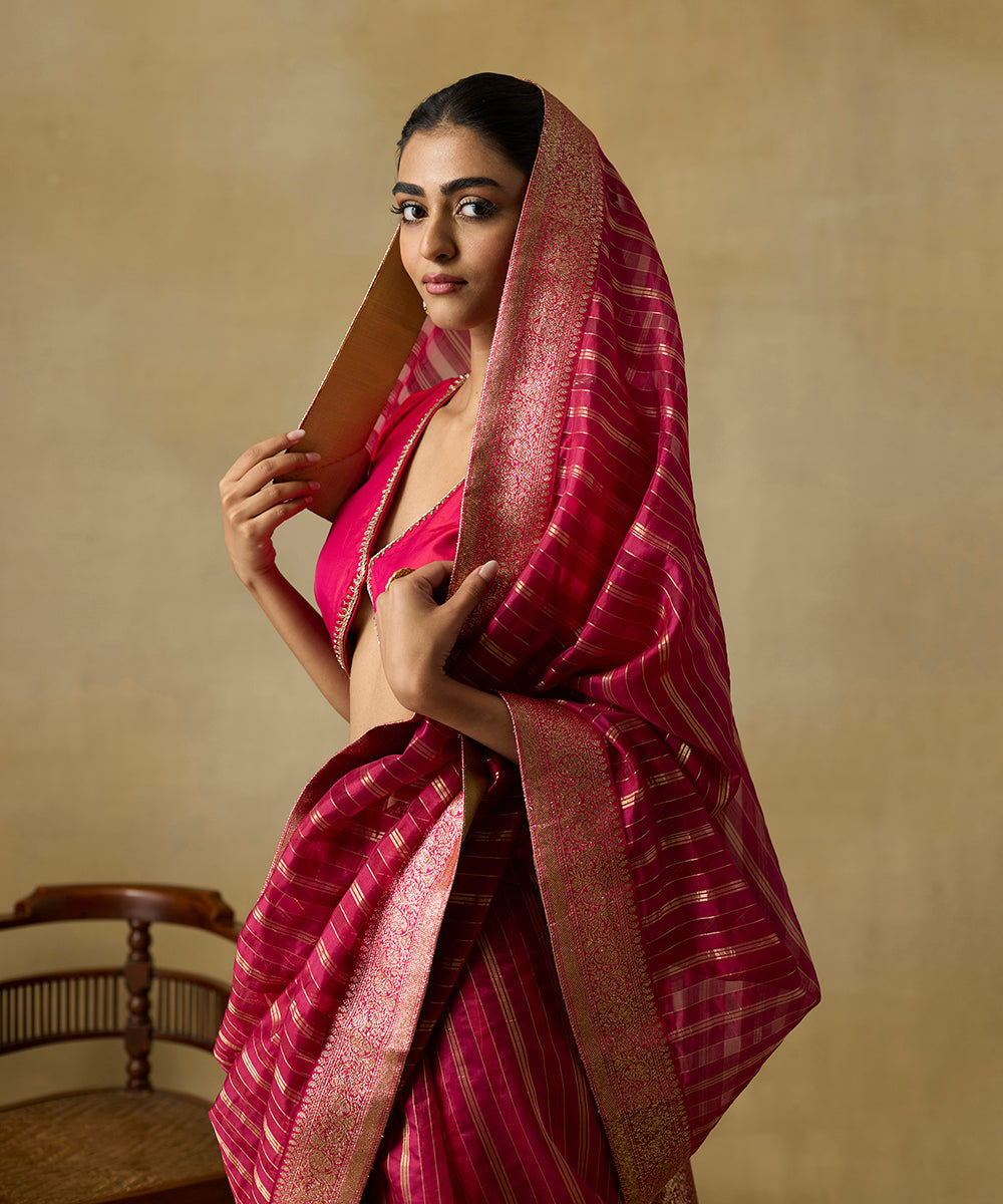 Hot_Pink_Handloom_Stiped_Organza_Saree_With_Sanjab_Border_WeaverStory_02