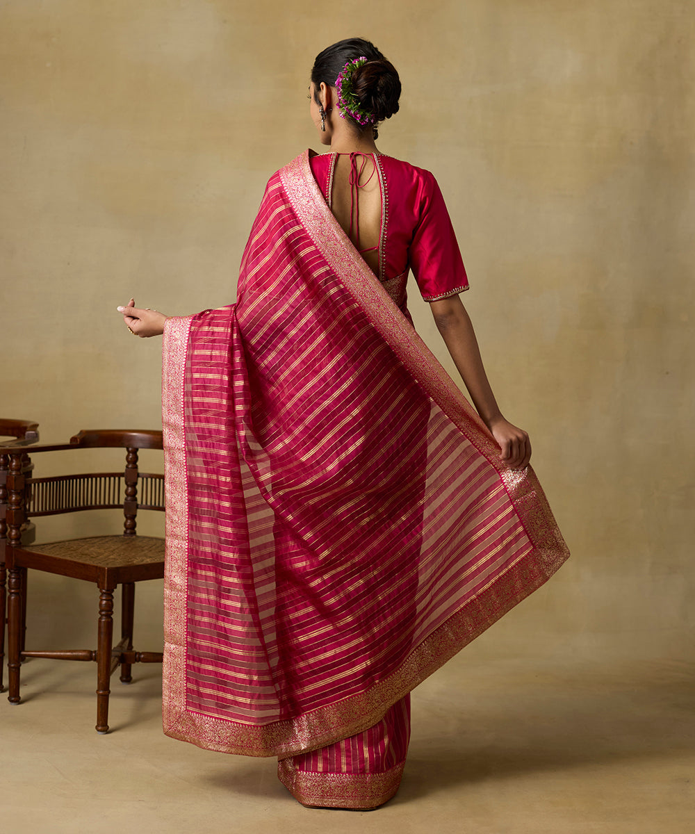 Hot_Pink_Handloom_Stiped_Organza_Saree_With_Sanjab_Border_WeaverStory_03