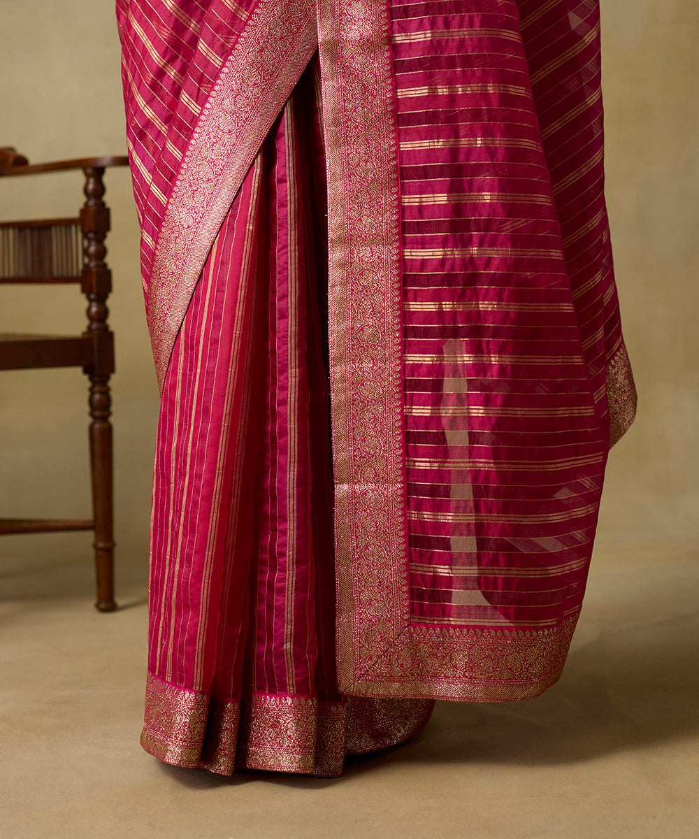 Hot_Pink_Handloom_Stiped_Organza_Saree_With_Sanjab_Border_WeaverStory_04