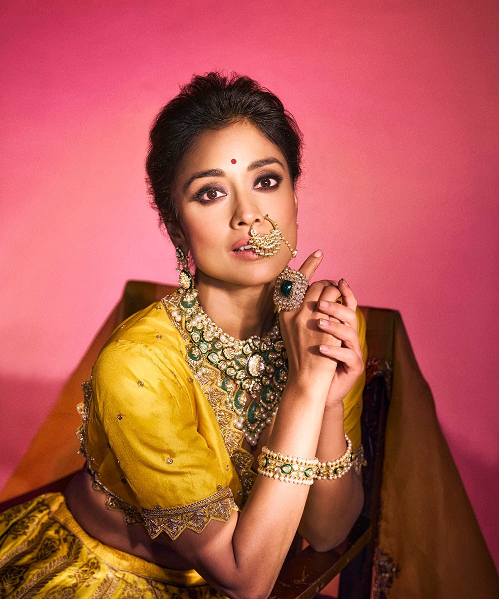 Shriya Saran In Yellow Pure Katan Silk Banarasi Lehenga With Blouse And Dupatta Stitched