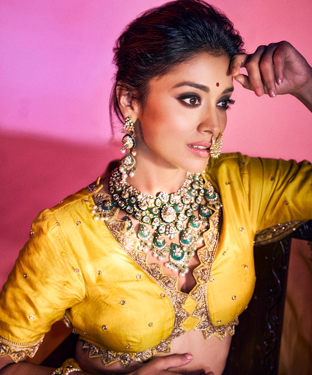 Shriya Saran In Yellow Pure Katan Silk Banarasi Lehenga With Blouse And Dupatta Stitched