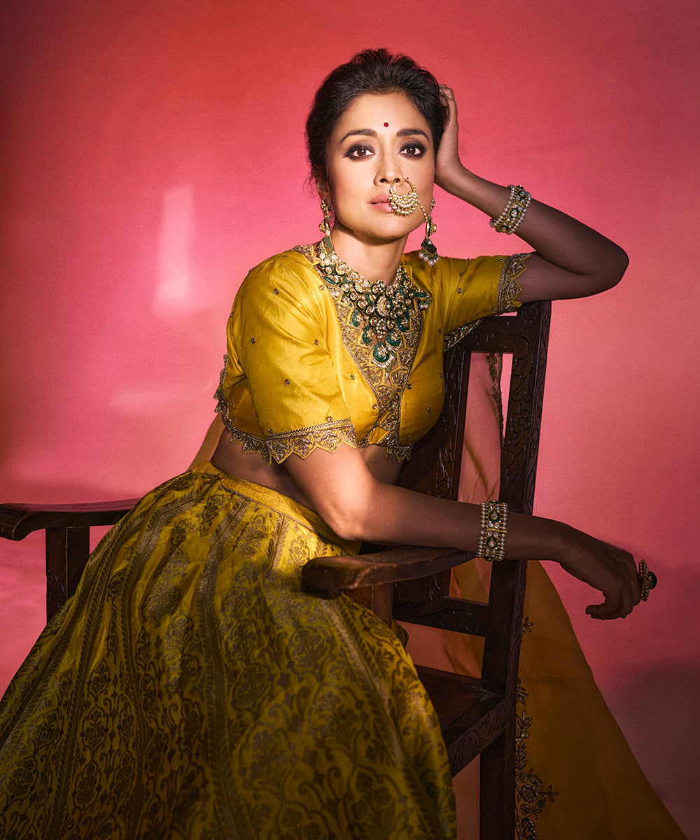 Shriya Saran In Yellow Pure Katan Silk Banarasi Lehenga With Blouse And Dupatta Stitched